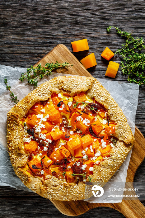 pumpkin galette with onion and feta cheese