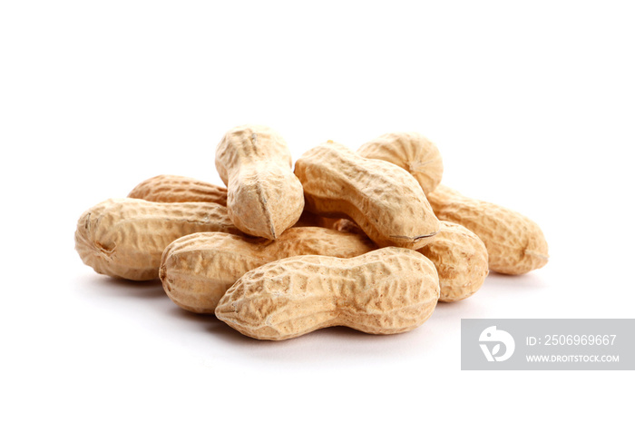 several peanut in shell isolated on white background. Top view. close-up.