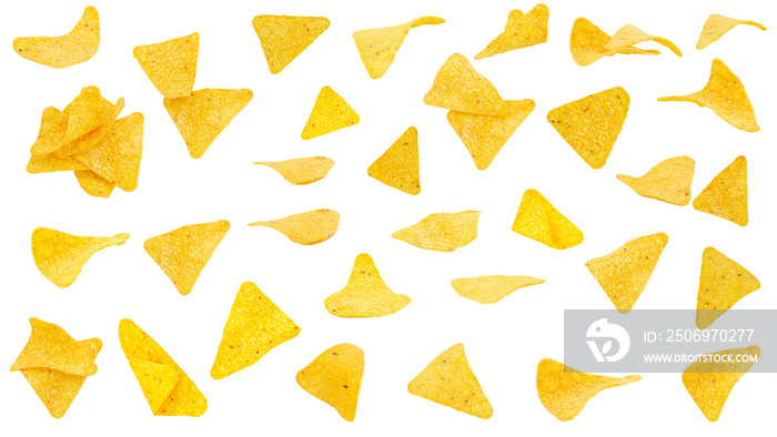 Set Collection corn chips triangle shape, nachos isolated on white background