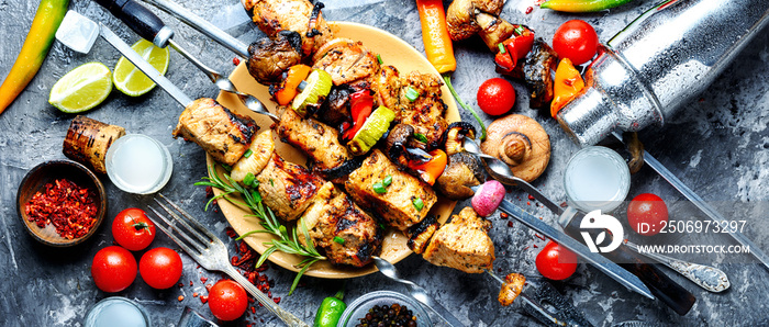 Bbq meat on wooden skewers