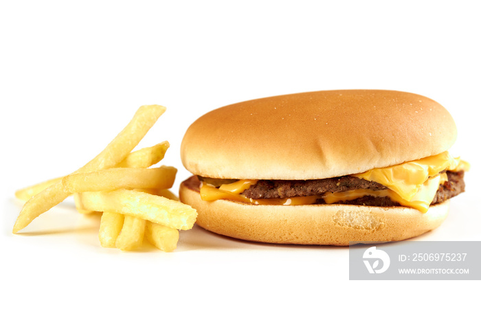 a fresh tasty cheeseburger or burger with fries stack isolated on a white background. fast food.