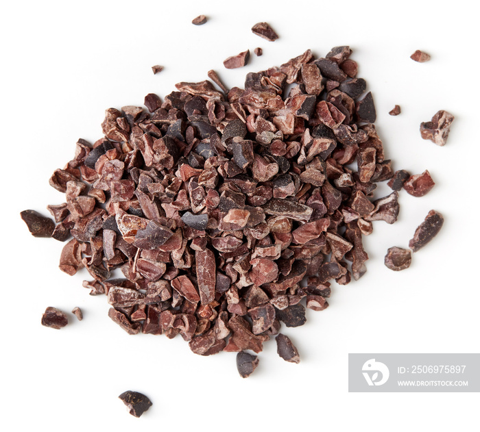 Heap of cacao nibs on white background