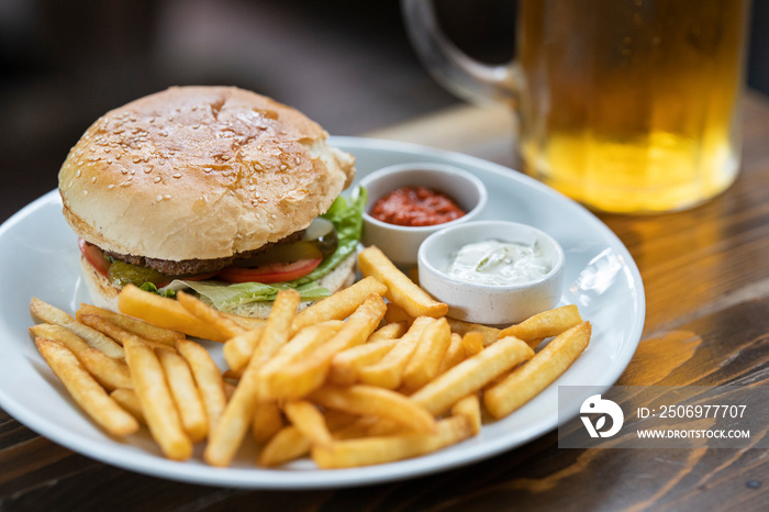 cold beer and delicious hamburger