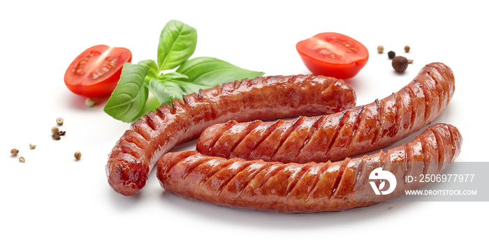 grilled sausages on white background