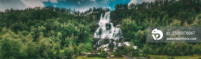 Voss, Hordaland, Norway. Waterfall Tvindefossen In Spring. Largest And Highest Waterfall Of Norway. 