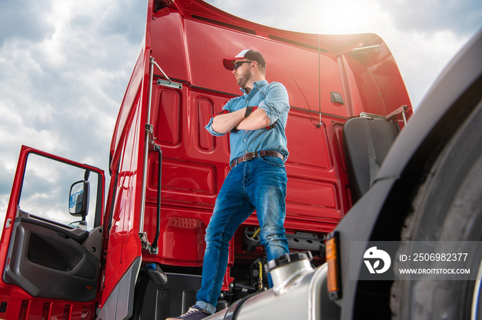 Proud Trucker and His Brand New Semi Truck Tractor