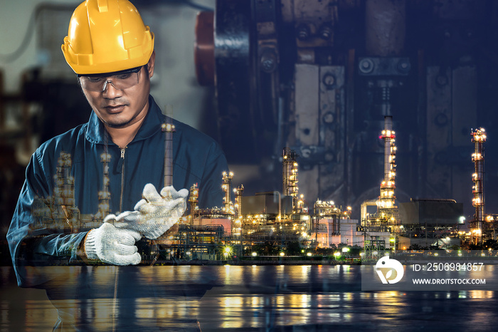 Double exposure of Asian mechanic engineer wearing cloth gloves before checking with petrochemical r