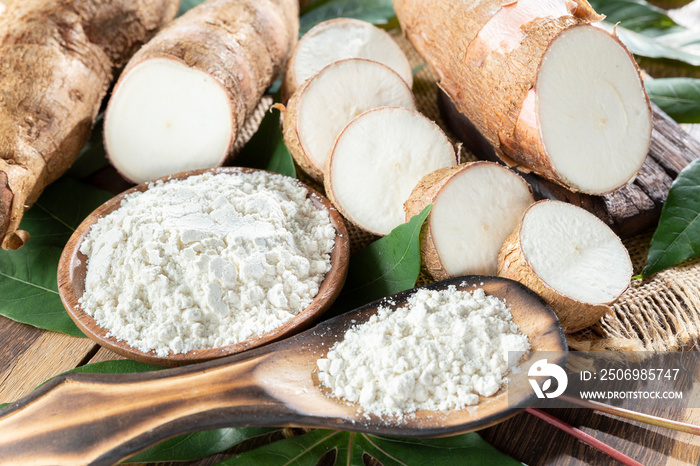 Raw yucca starch on the wooden table - Manihot esculenta.