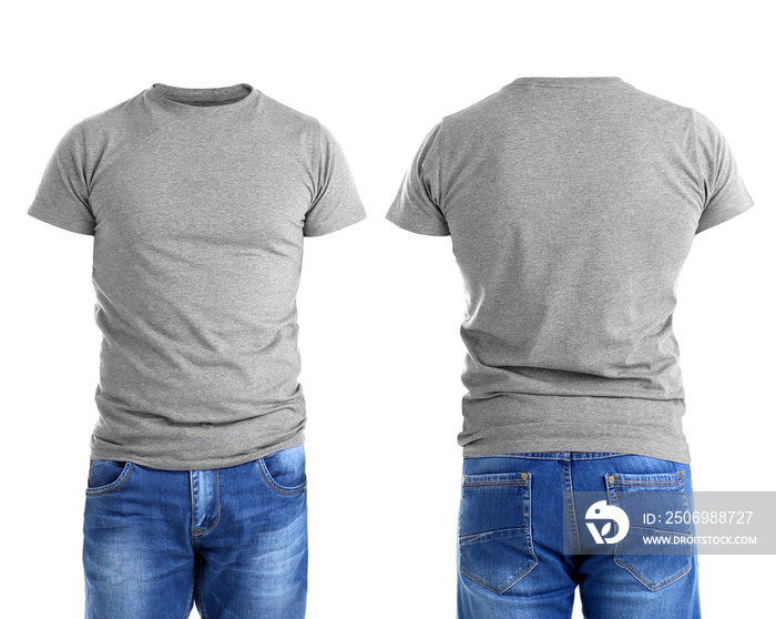 Different views of male t-shirt on white background