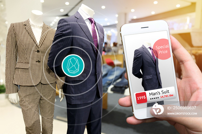 smart retail and ibeacon marketing concept. Hand holding smart phone use bluetooth and application t