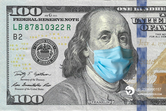 COVID-19, sars-cov-2 coronavirus pandemic going to a financial crush, one hundred dollars USA bill w