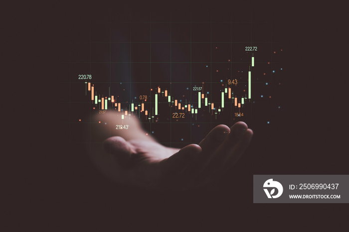 Technical graph and chart of stock market on hand for trader investment analysis concept.