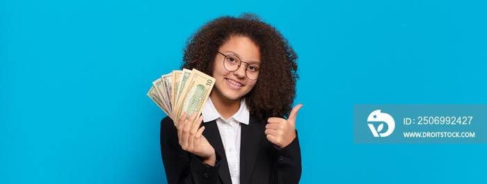 pretty afro teenager business girl with dollar banknotes