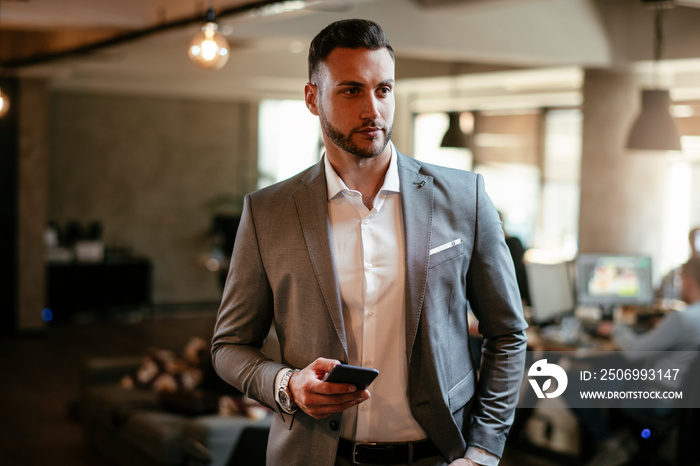 Portrait of attractive businessman in gray suit