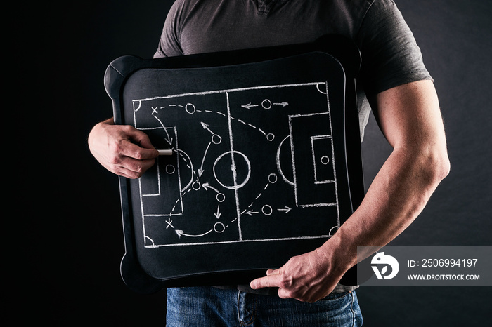 足球或足球比赛教练用白粉笔画足球比赛战术的手
