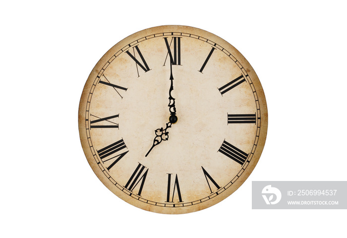 Old vintage clock face isolated on white background