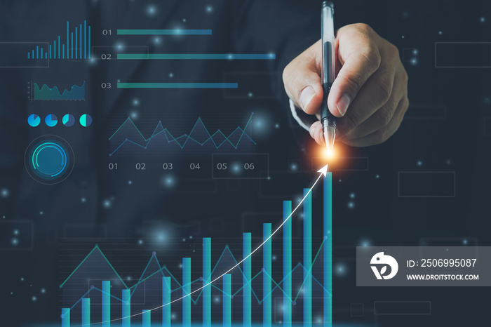 Businessman working with modern computer virtual dashboard analyzing finance sales data and economic