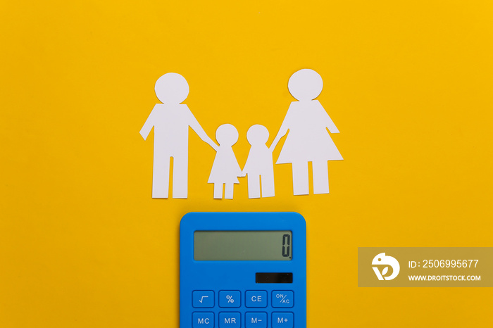 Paper happy family together with calculator on yellow background. Calculation of family expenses, bu