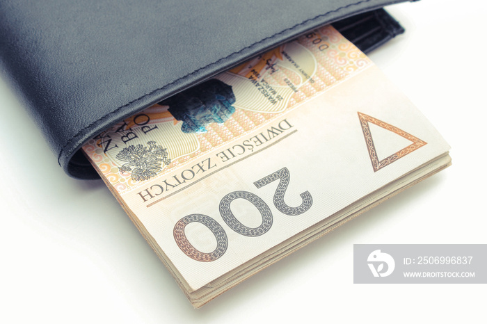 Polish currency money in wallet, white background, finance concept