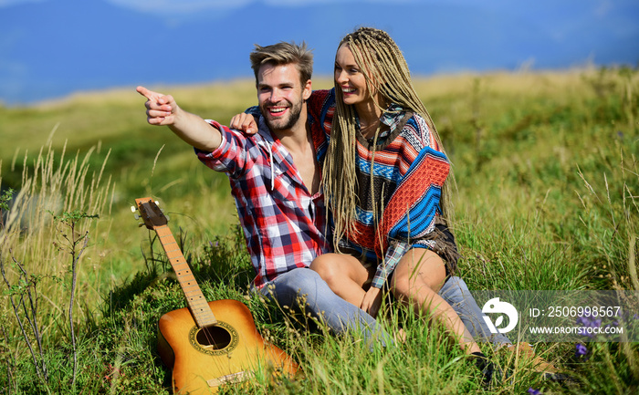 Feeling of love. happy friends with guitar. couple in love spend free time together. friendship. cam