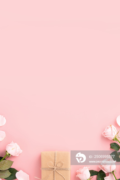 Valentines Day design concept background with pink rose flower and gift on pink background.