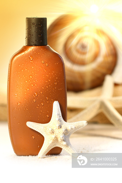 Suntan lotion with seashells on white