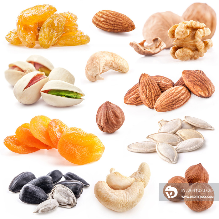 Collection of nuts and dried fruits isolated on the white