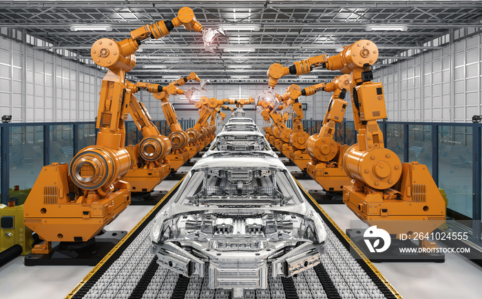 robot assembly line in car factory