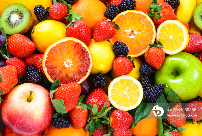 新鲜水果混合。美味的水果背景。