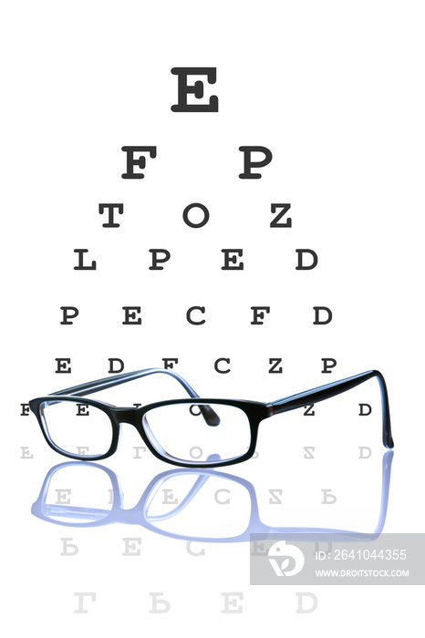 Eye glasses reflected, with optometrist chart on background.