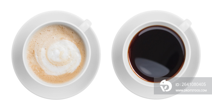 卡布奇诺和黑意式浓缩咖啡杯顶视图隔离上