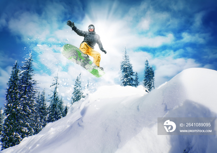 滑雪板运动员背靠天空和树木跳跃