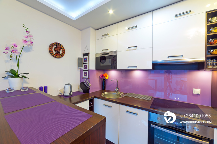 现代白色和紫色厨房的内部