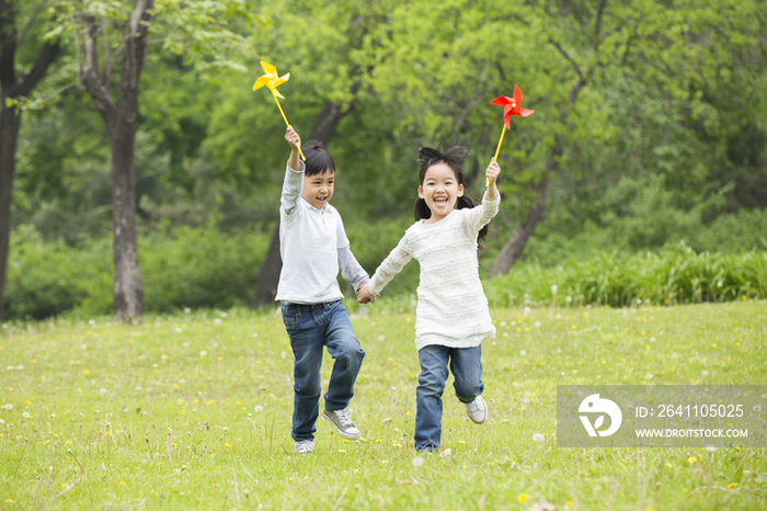 快乐的孩子们在草地上玩纸风车