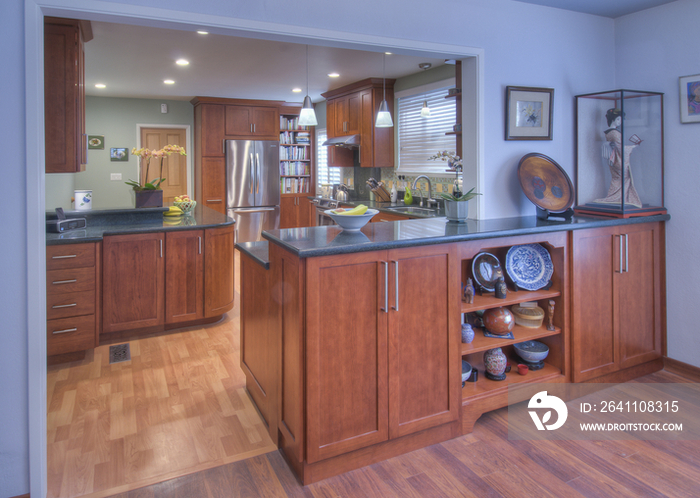 Counter top in kitchen of contemporary house; Berkeley; California; USA