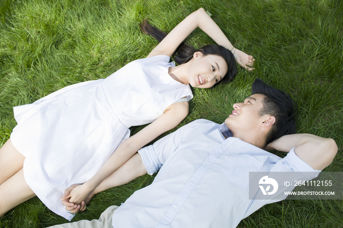 快乐的年轻情侣躺在草地上