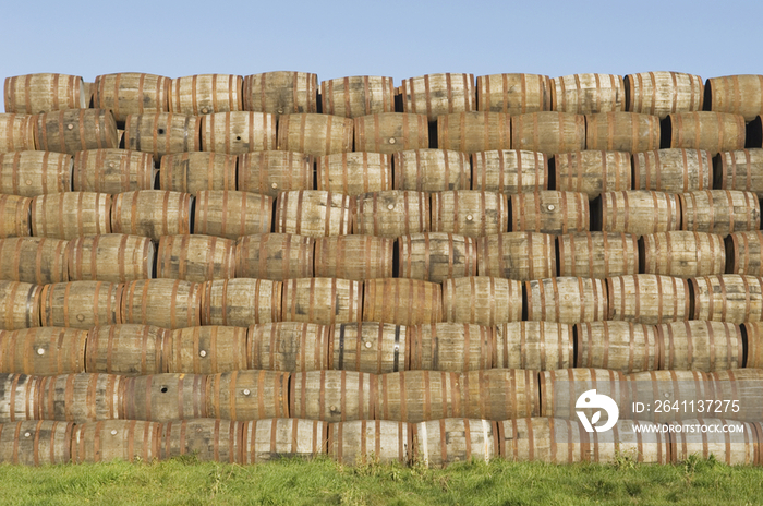 Pile of whisky barrels outside a warehouse