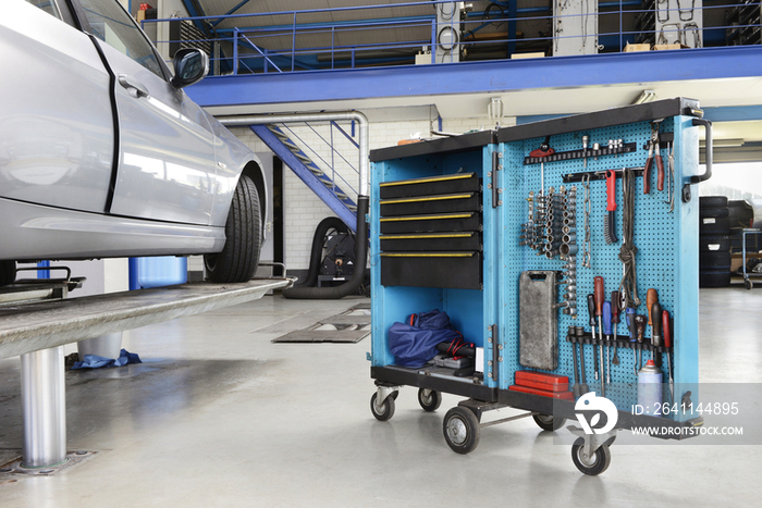 Tool cart in a car repair workshop or garage