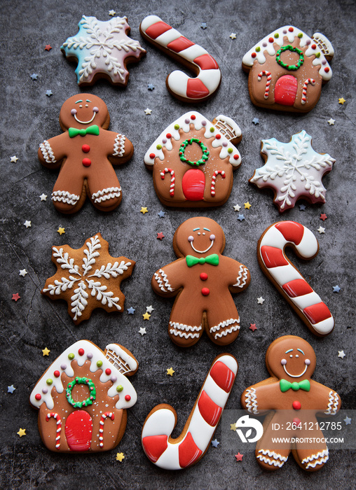 Christmas gingerbread cookies on dark background