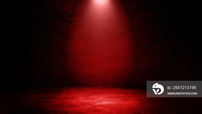 工作室暗室的空地，混凝土墙上有红色照明效果，粗糙的纹理背景