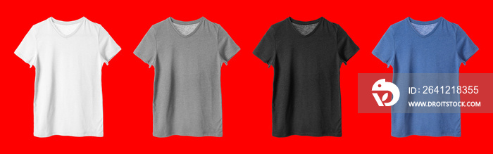 Different blank t-shirts on color background