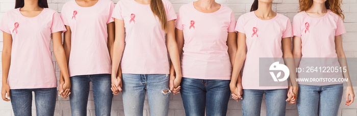 Unrecognizable Ladies With Cancer Ribbons Holding Hands, White Background, Panorama