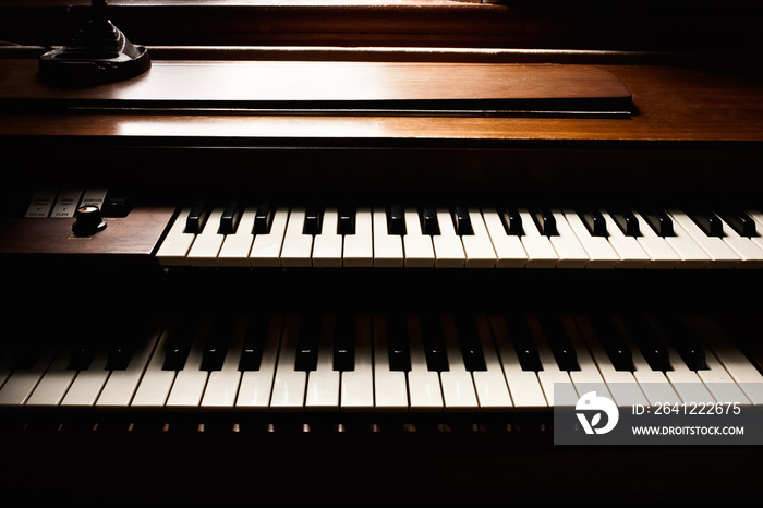 Double keyboard piano detail in natural window light.