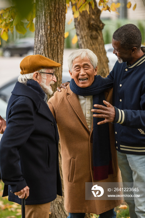 亚洲男子在秋季公园拥抱跨种族的资深朋友。