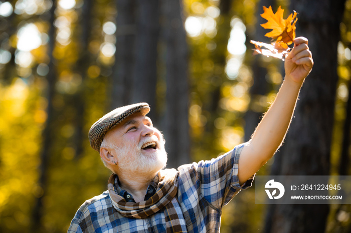 Autumn portrait of grandfather. Portrait of handsome old man. Active senior man having fun and playi