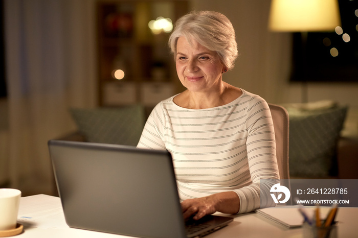 technology, old age and people concept - happy senior woman with laptop at home in evening