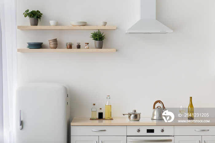 Modern minimalist white kitchen in scandinavian style, simple, minimalist interior