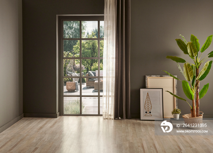 Grey room with window frame and wicket chair, curtain vase of plant.