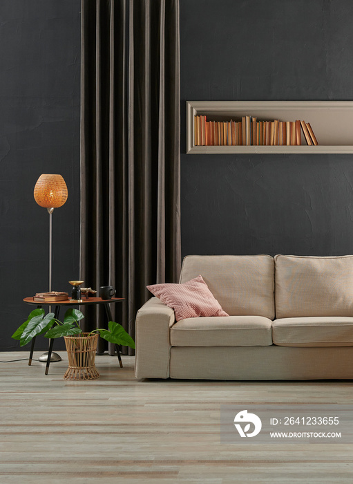 灰色石墙，沙发和窗帘装饰，植物花瓶，橙色灯具风格，家居设计。