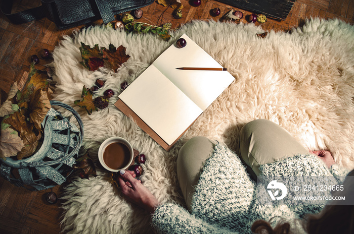 在温暖舒适的斯堪的纳维亚，用咖啡和空白笔记本在家里放松秋日